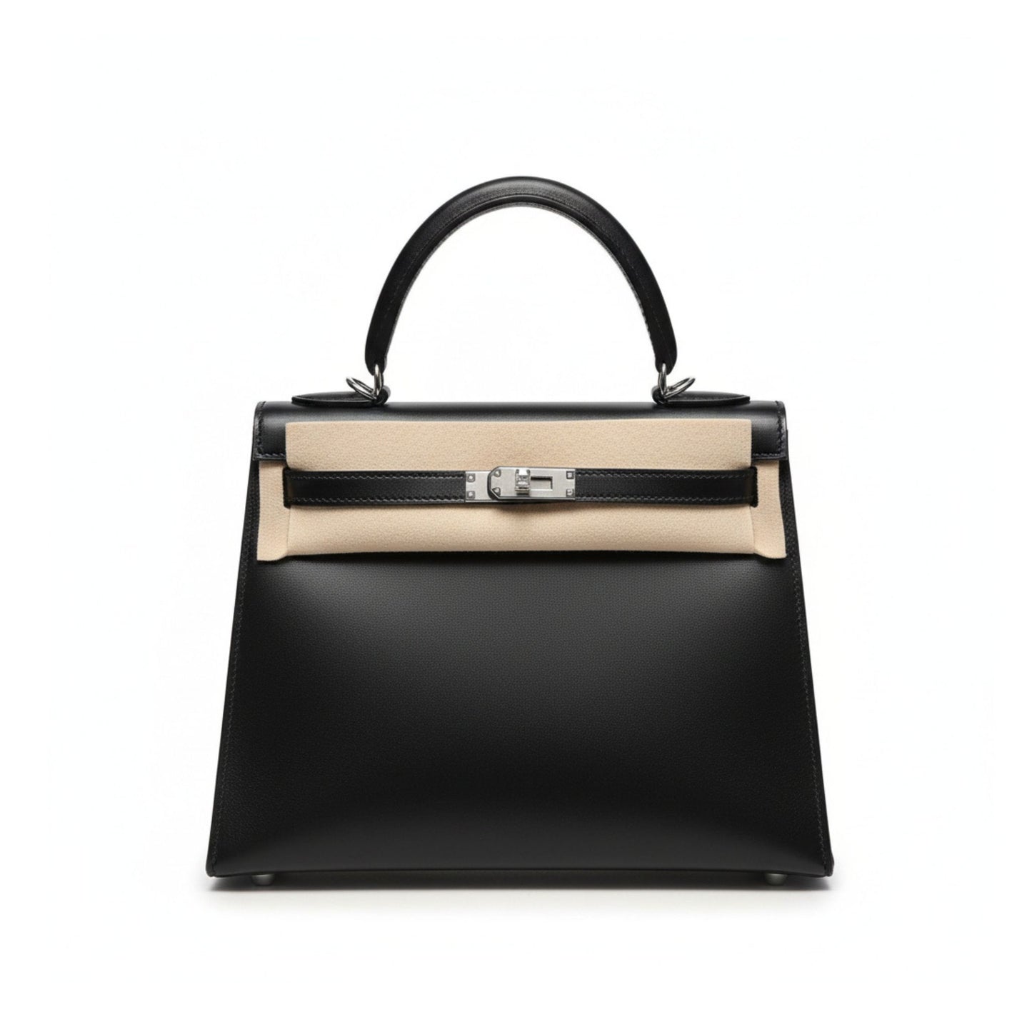 Kelly 28 Sellier Black & Beige Leather with Silver Hardware