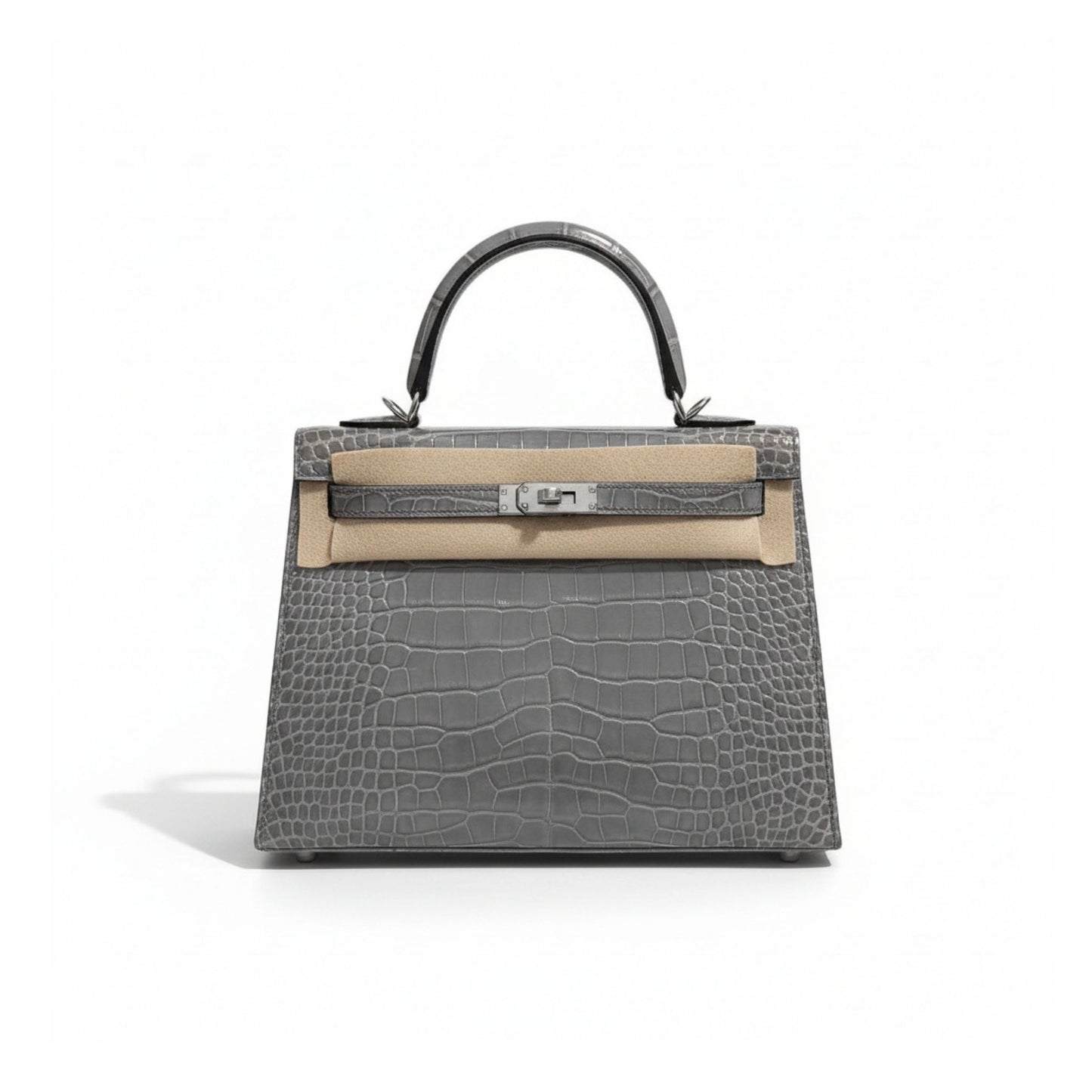 Mini Kelly 20 Matte Grey Alligator Leather Beige Straps Silver Hardware