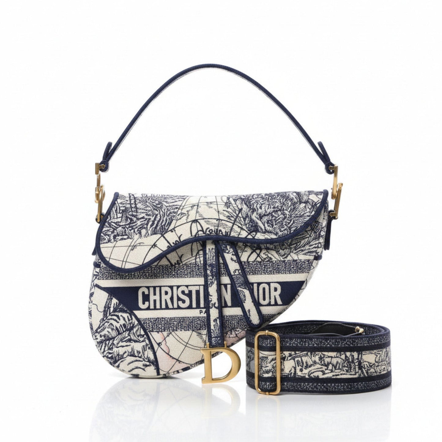 Around the World Saddle Bag Navy & White Embroidered Canvas