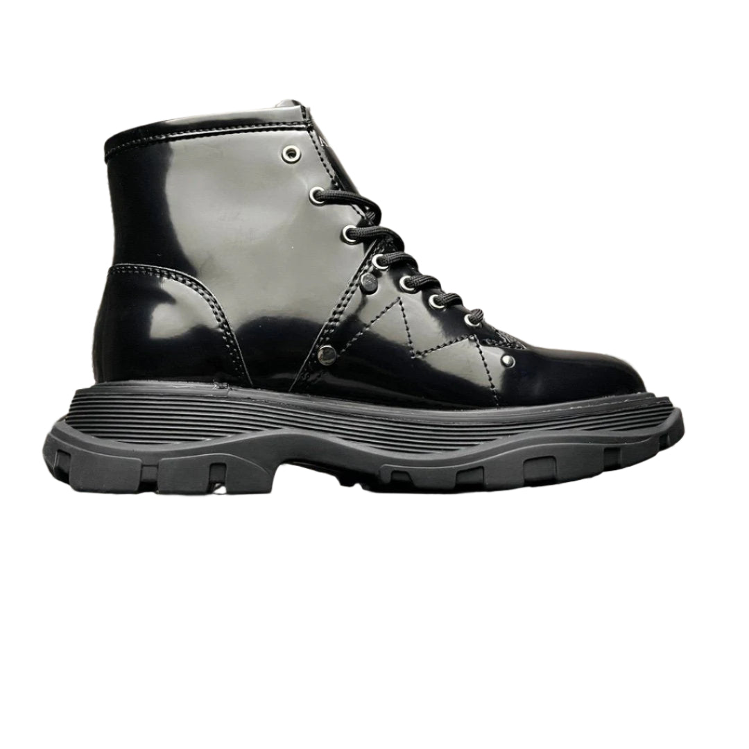 Alexander McQueen Black Patent Leather Spiked Combat Moto Boots