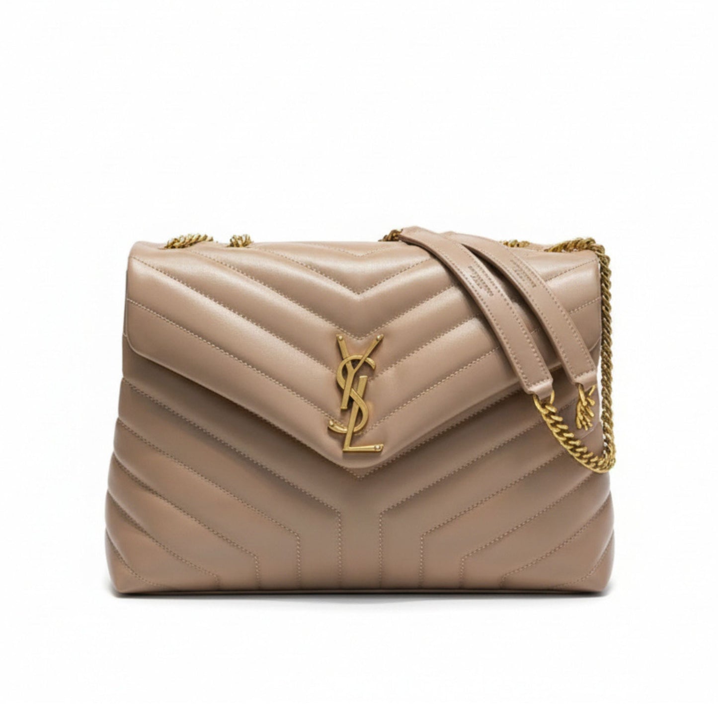 Loulou Medium Chevron Quilted Leather Shoulder Bag Beige