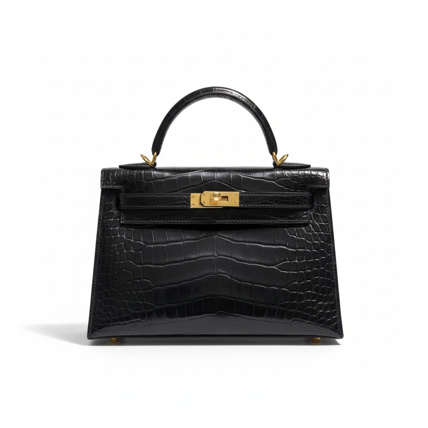 Mini Kelly II 20 Black Shiny Alligator with Gold Hardware