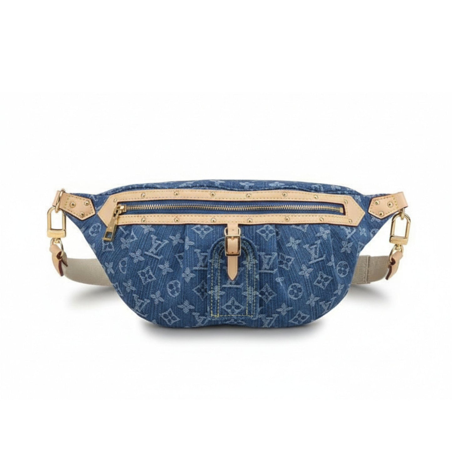 High Rise Denim Blue Waist Bag with Monogram Detail
