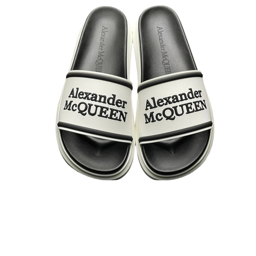 Alexander McQueen White/Black Rubber Logo Embossed Slide Sandals