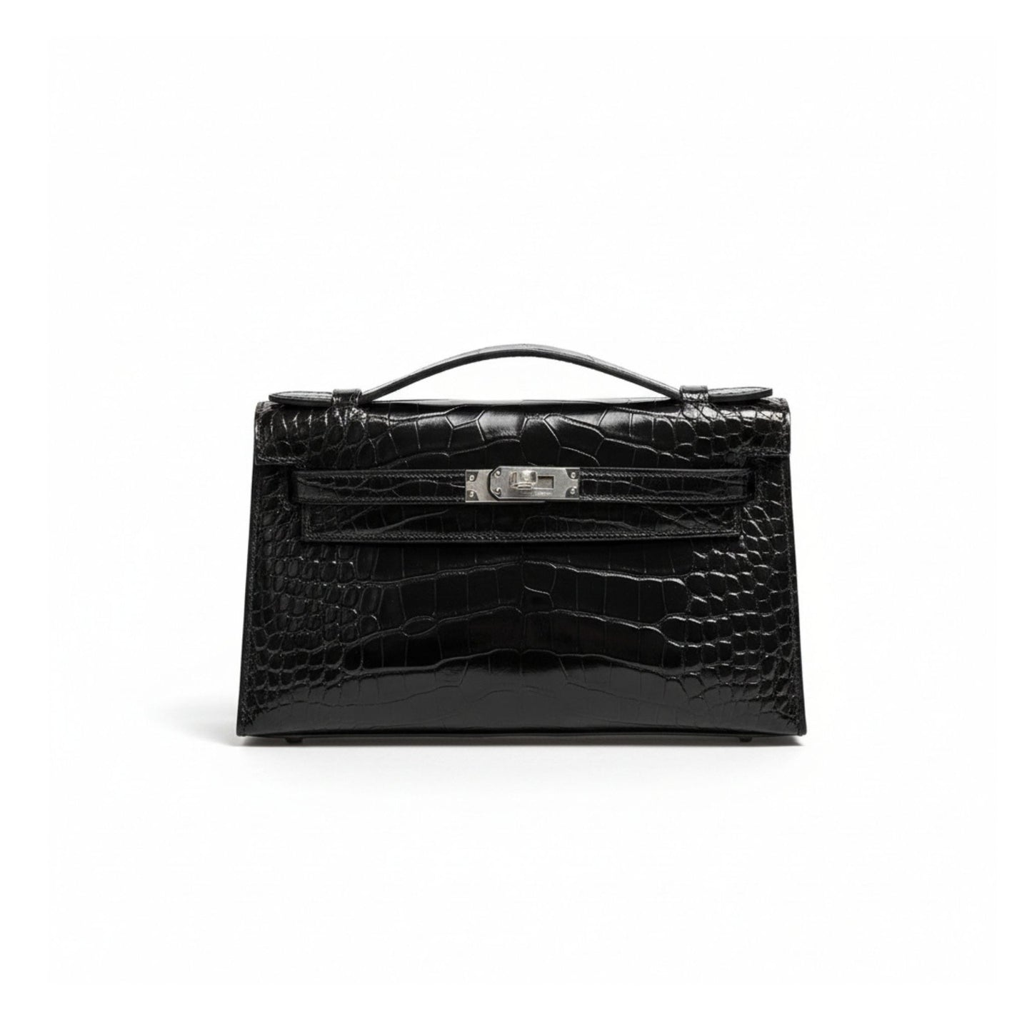 Kelly Pochette Black Shiny Alligator with Palladium Hardware