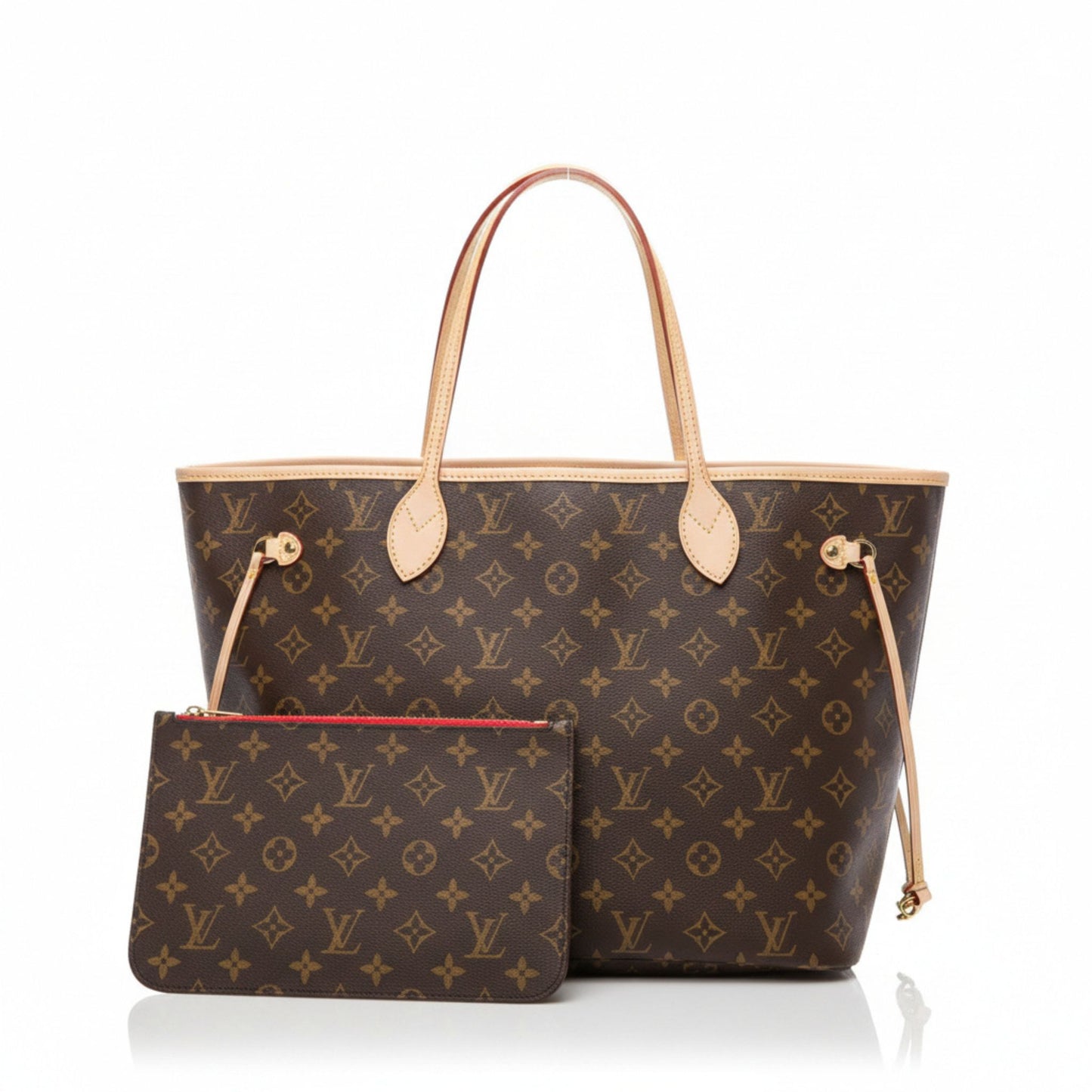 Neverfull MM Monogram Coated Canvas Brown Beige Tote Bag with Pouch