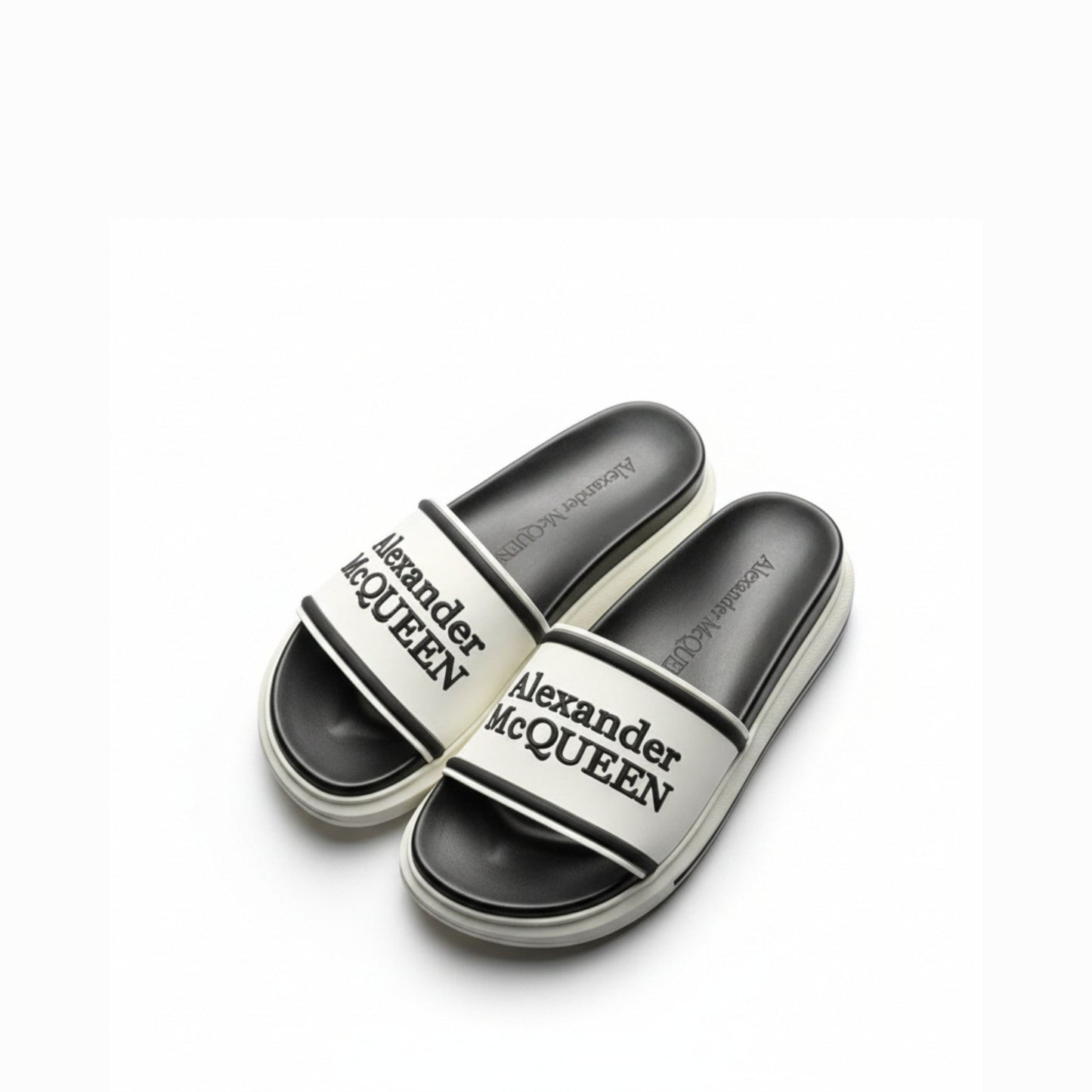 Alexander McQueen White/Black Rubber Logo Embossed Slide Sandals