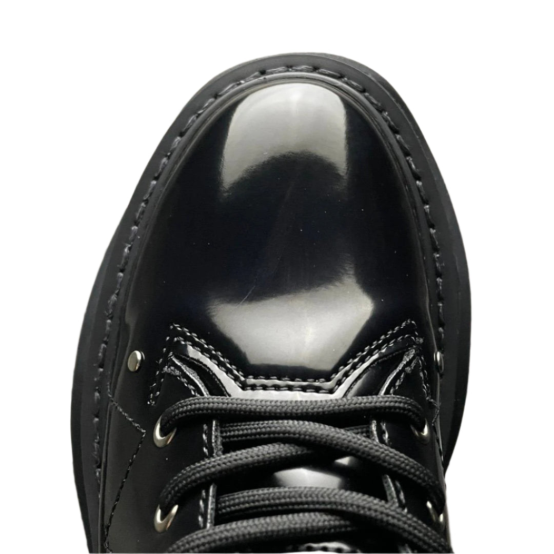 Alexander McQueen Black Patent Leather Spiked Combat Moto Boots