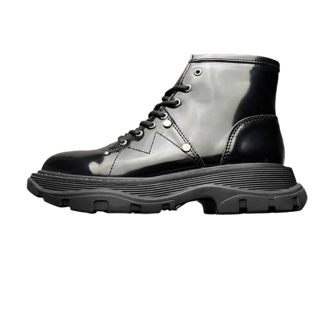 Alexander McQueen Black Patent Leather Spiked Combat Moto Boots