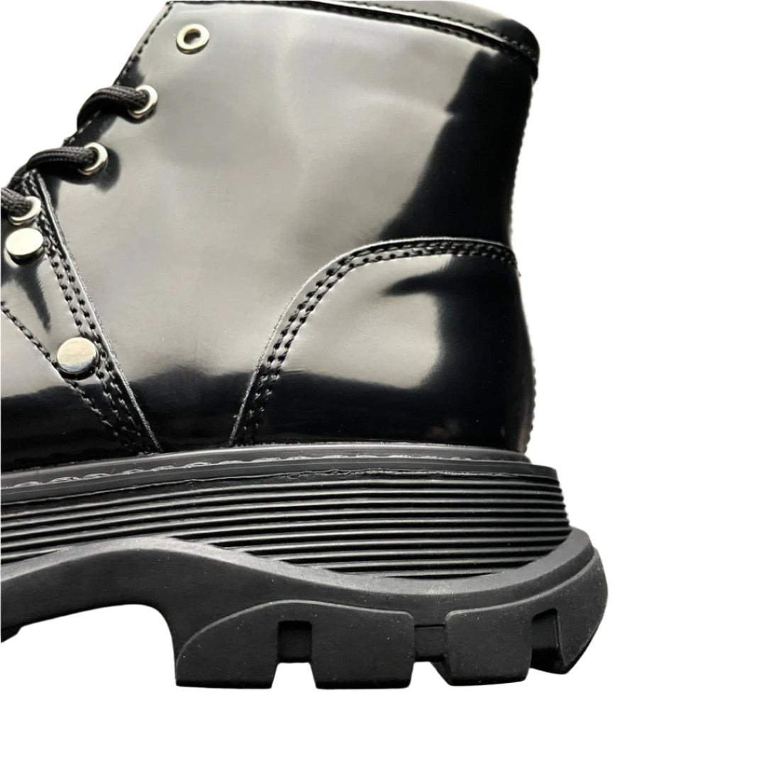 Alexander McQueen Black Patent Leather Spiked Combat Moto Boots
