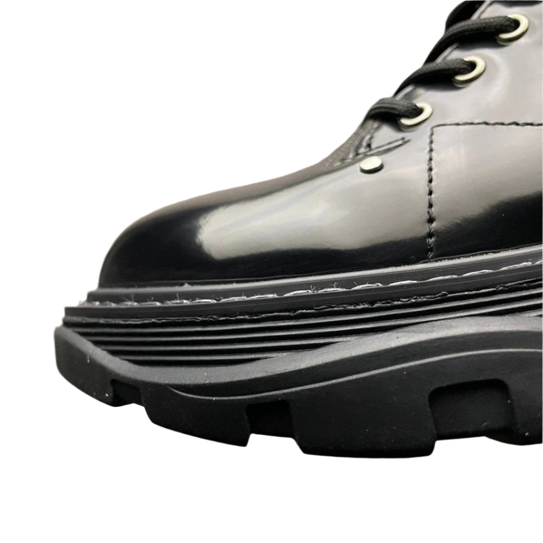 Alexander McQueen Black Patent Leather Spiked Combat Moto Boots