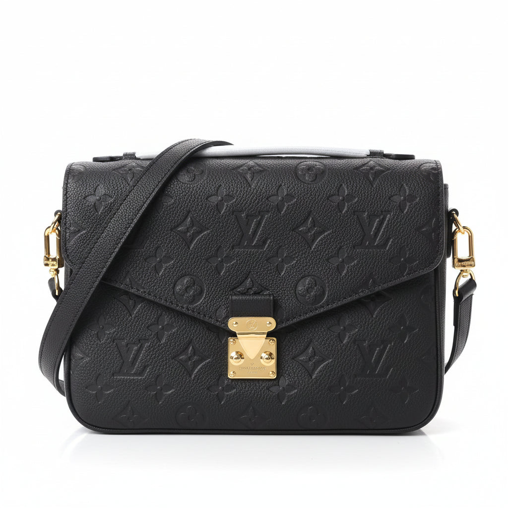 Black handbag with gold accents on a white background