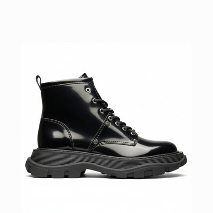 Alexander McQueen Black Patent Leather Spiked Combat Moto Boots