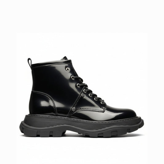 Alexander McQueen Black Patent Leather Spiked Combat Moto Boots