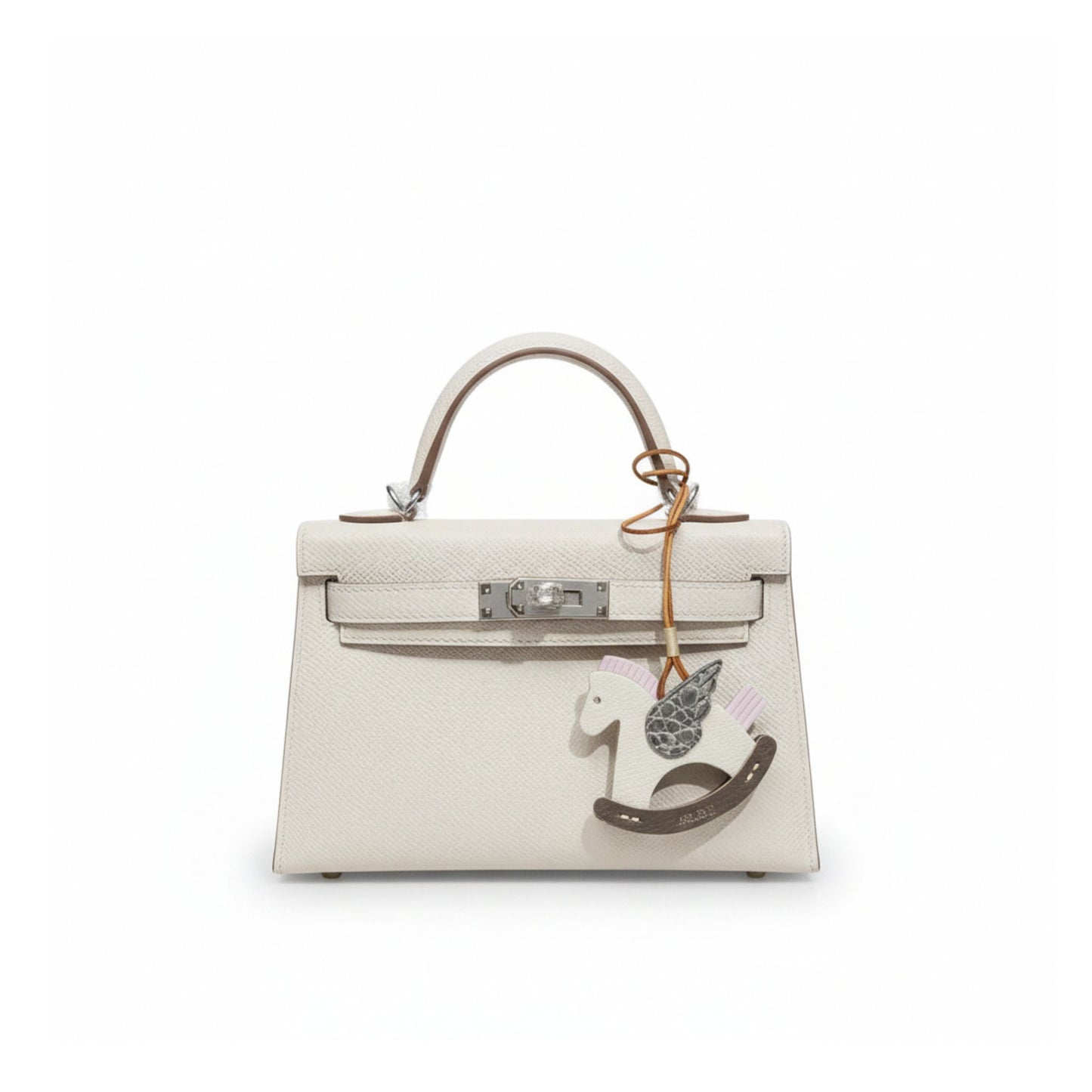 Mini Kelly 20 White Leather Silver Hardware Rodeo Pegasus Charm
