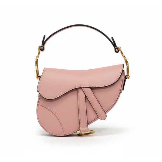 Mini Saddle Bag Pink Grained Calfskin with Gold Hardware
