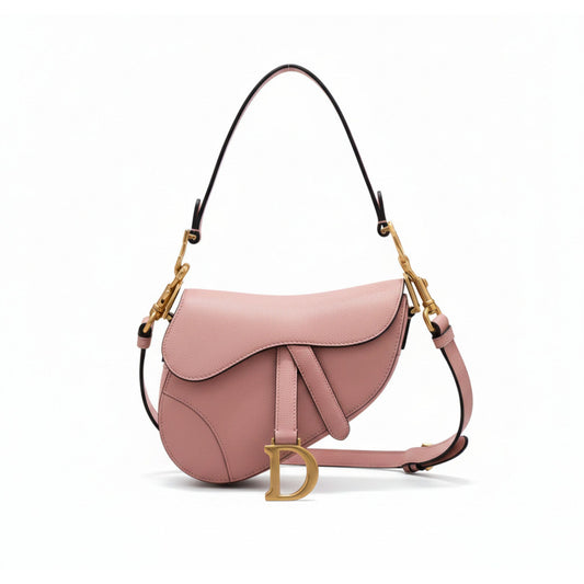 Saddle Bag Powder Pink Grained Calfskin with Strap & Antique Gold Hardware