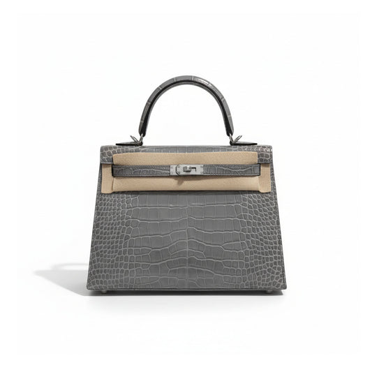Mini Kelly 20 Matte Grey Alligator Leather Beige Straps Silver Hardware