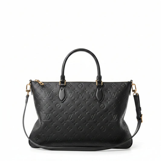 This is a Louis Vuitton OnTheGo GM tote bag in black Monogram Empreinte leather.