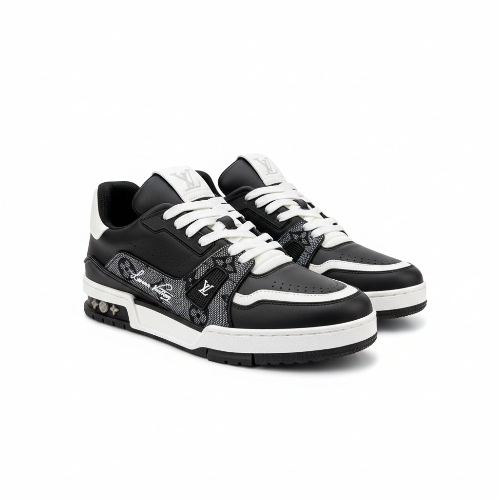 LV Trainer #54 Sneakers – Black/White Monogram Denim