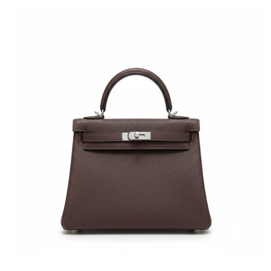Kelly 25 Ébène Sellier Leather with Silver Hardware