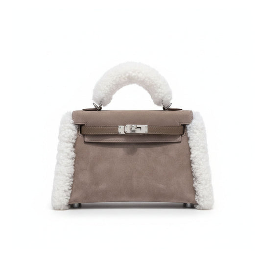 Mini Kelly Teddy 20 Gris Caillou & Ecru Shearling with Palladium Hardware