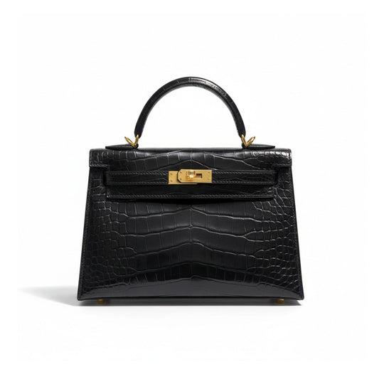 Mini Kelly II 20 Black Shiny Alligator with Gold Hardware