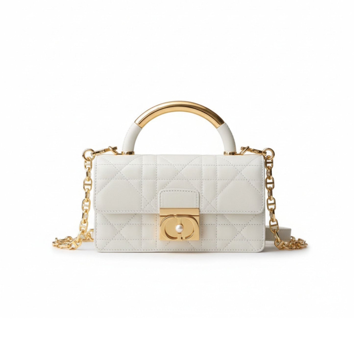 Ange Top Handle Bag White Leather with Gold Handle