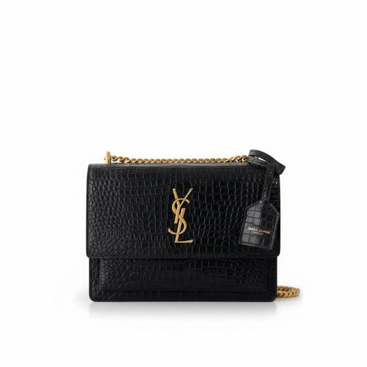 Sunset Crocodile-Effect Leather Shoulder Bag – Black