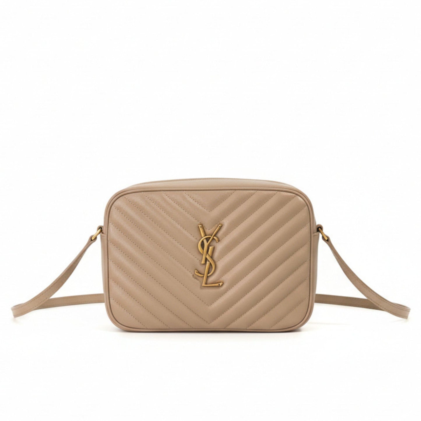 Lou Quilted Chevron Leather Camera Bag Beige