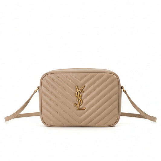 Lou Quilted Chevron Leather Camera Bag Beige