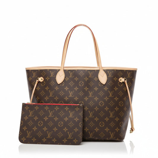 Neverfull MM Monogram Coated Canvas Brown Beige Tote Bag with Pouch
