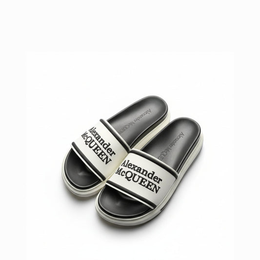Alexander McQueen White/Black Rubber Logo Embossed Slide Sandals