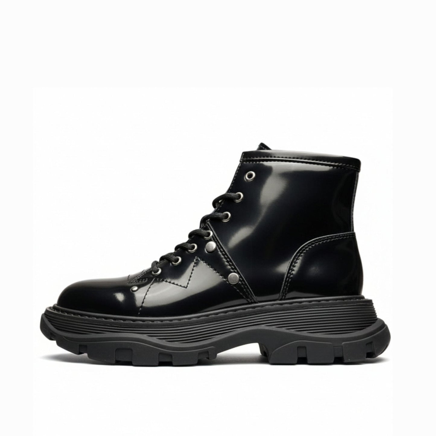 Alexander McQueen Black Patent Leather Spiked Combat Moto Boots