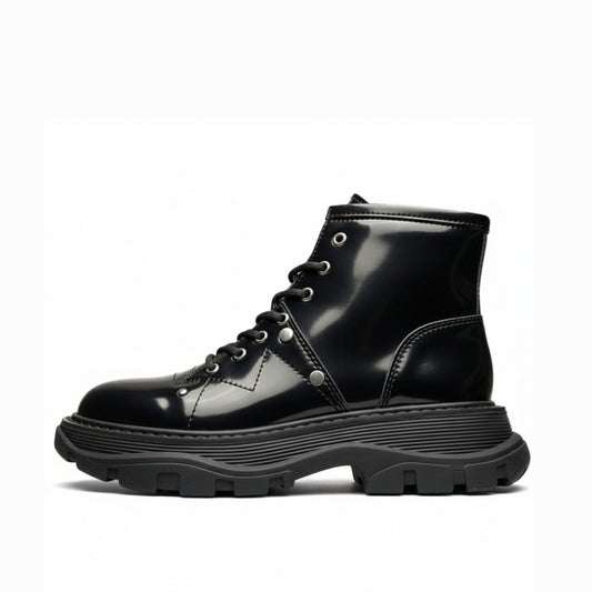 Alexander McQueen Black Patent Leather Spiked Combat Moto Boots