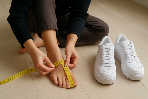 A person measuring its shoes size with a measuring tape and one pair of white sneakers is there near to its shoes.