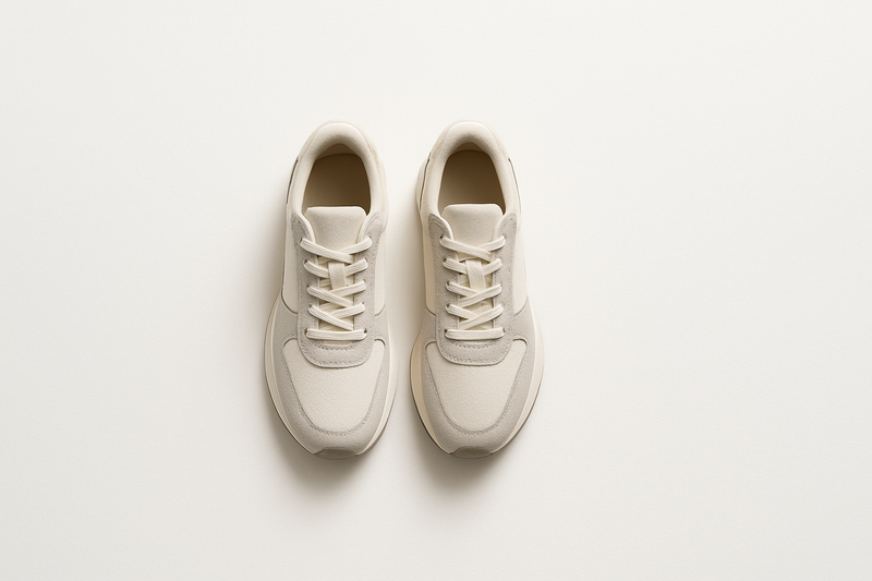 Generate a minimal flat lay photograph of a pair of sneakers placed neatly on a clean white background. The sneakers should be centered, with soft natural lighting and a modern, professional studio look. The composition must be 16:9 ratio, leaving enough negative space around the shoes for a clean and minimal aesthetic. The style should feel premium and editorial, suitable for use on a fashion e-commerce homepage.