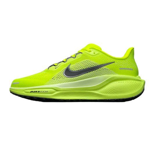 Bright green running shoe on a white background